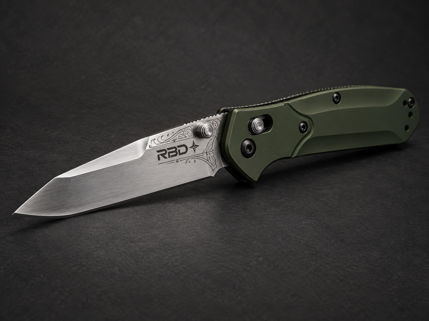 AI-generated Osborne-style folding knife concept with custom blade engraving near the thumb stud